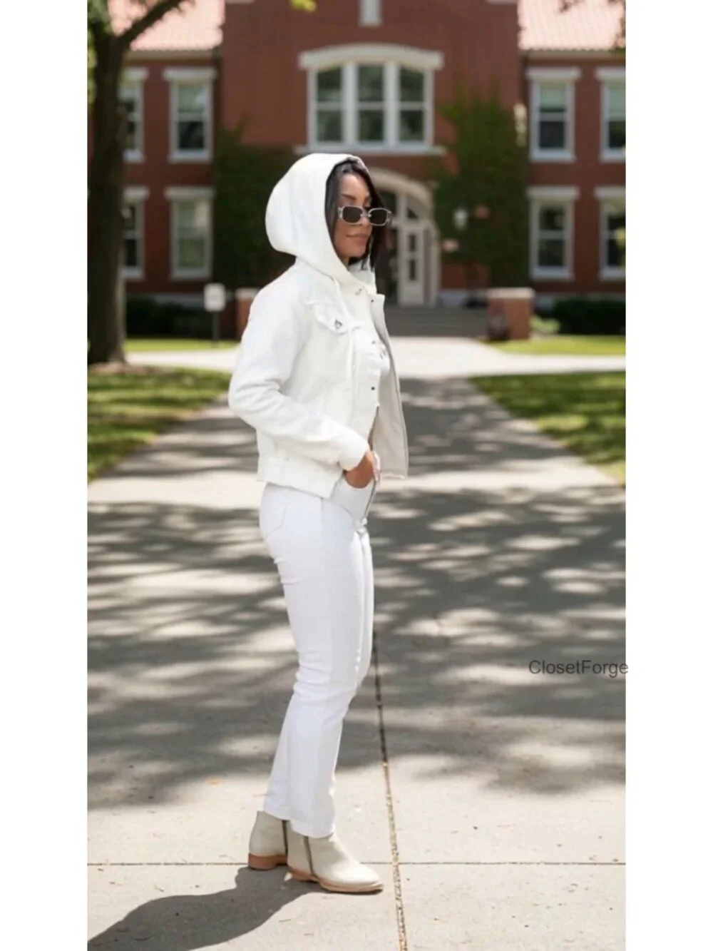 Double-Breasted Denim Jacket with Pockets - Oversized Hooded Coat - Picture 6 of 6